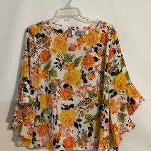 Kasper Top - Blouse Tangerine Yellow Floral PXL 100% Polyester Flair Sleeves